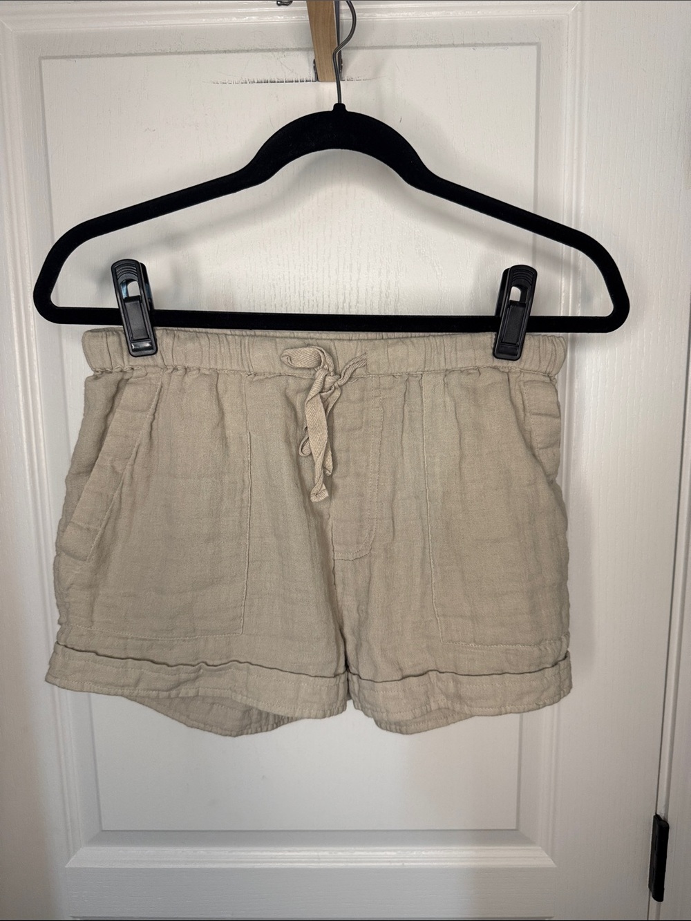 High-Waist Drawstring Cotton-Blend Shorts in Light Tan